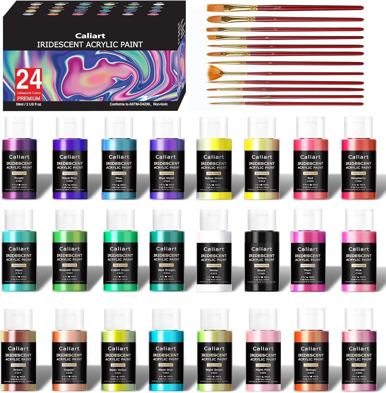 Iridescent Acrylic Paint Set with 12 Brushes, 24 Colors (59ml, 2oz), for Artists, Kids, Beginners